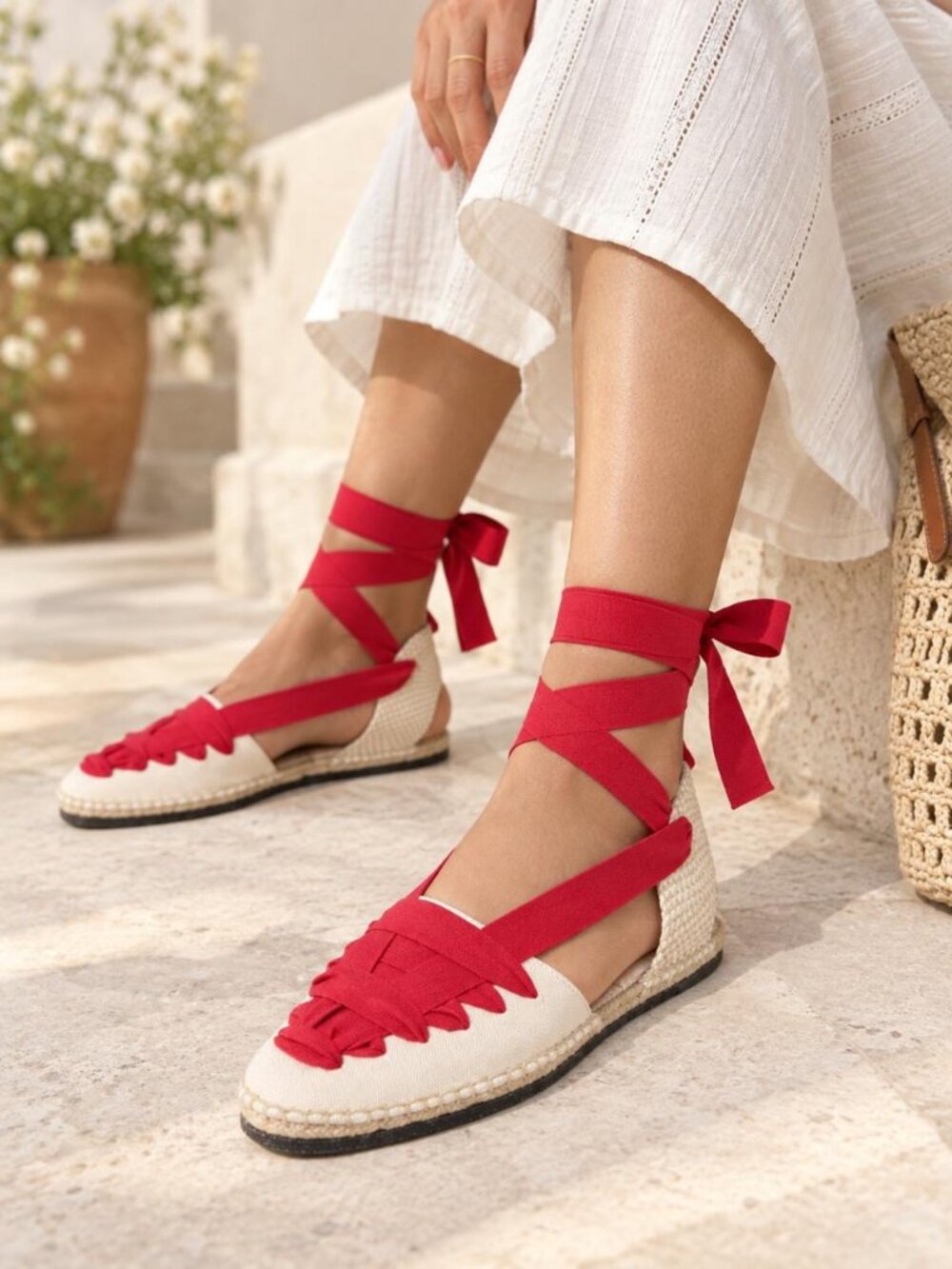 Loeffler Randall Wilson Espadrille Flats Womens Cream Red 9 Ankle Wrap NWT
